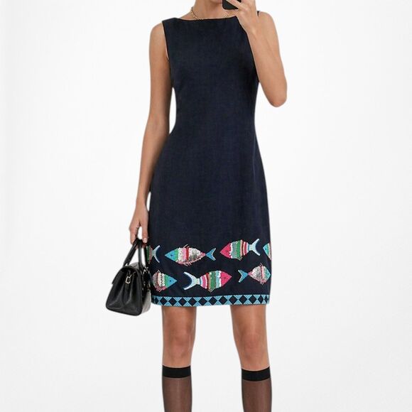 American Vintage Dresses & Skirts - Vintage Y2K 90s Navy Blue Knee Length Tropical Print Casual Shift Dress Size M